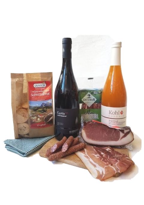 Südtiroler Jause Geschenkset mit Wein Schinken, Snacks und Apfelsaft