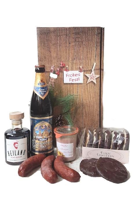 Bayerische Weihnachten Geschenkset mit einem Rumlikör,Bier, Brotzeitleberwurst Kaminwurzn und Lebekucnen