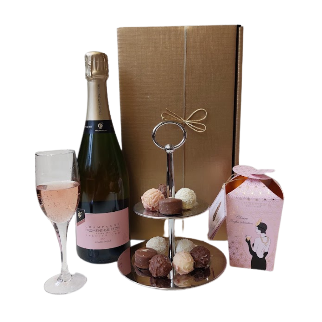 Rosé Champagner und Pralinen
