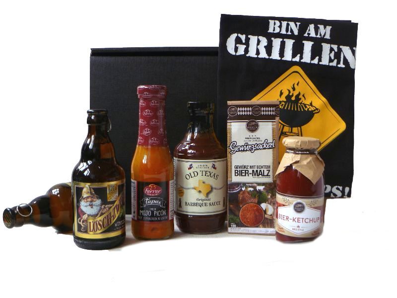 Bin am Grillen Geschenkpaket mit Bier, Saucen, Ketchup und Grillschürze