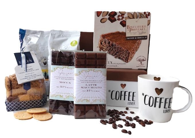 Coffee Lover Kaffeegeschenk mit handgeschöpfter Schokolade, Kekse, Kuchen und Kaffee