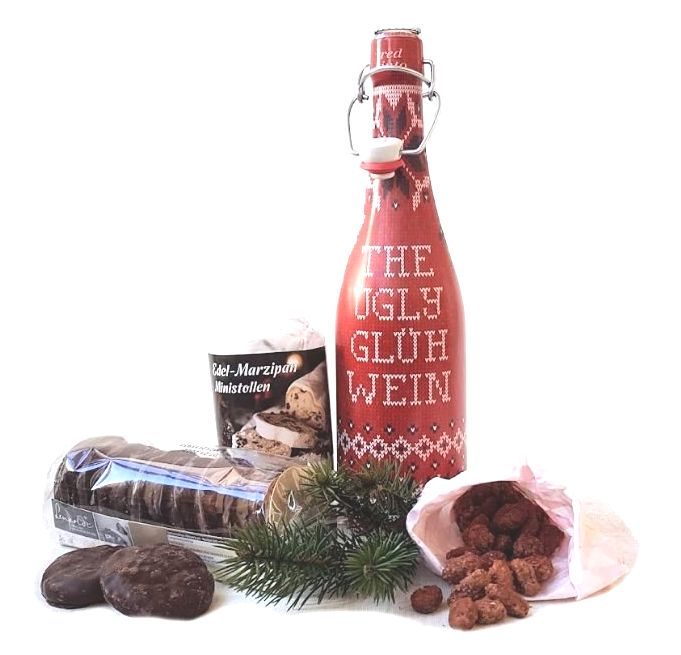 Winterzauber Weiphnachtsgeschenkset mit Glühwein, Lebkuchen, Mandeln und Stollen
